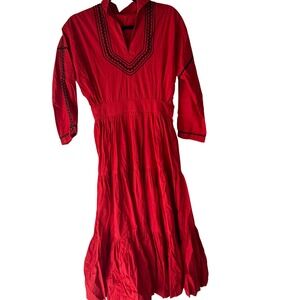 Vintage Handmade 1960s‎ Red Maxi Dress Black Embroidery Tiered Dress Indigenous